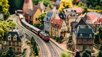 Aufkleber - An intricate model train set winding through a miniature town, Tracks and tiny buildings meticulously detailed, Hobbyist diorama style