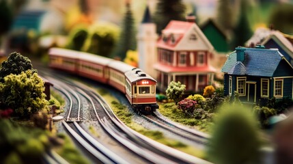 Aufkleber - An intricate model train set winding through a miniature town, Tracks and tiny buildings meticulously detailed, Hobbyist diorama style