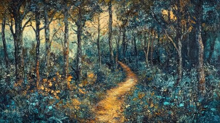 Aufkleber - Serene path winding through a lush, mystical forest with golden sunlight filtering through the dense canopy.