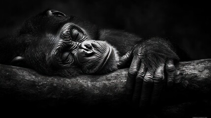 Poster - A chimpanzee peacefully sleeps, resting its head and hands on a tree branch.