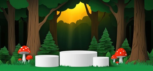 Poster - White podiums in a sunlit forest scene with mushrooms and trees.
