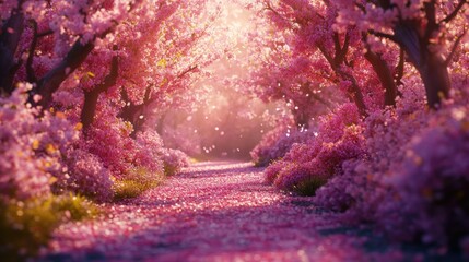 Aufkleber - Sunlit path through a blooming cherry blossom tunnel.