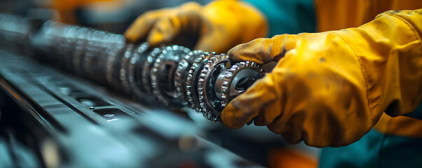Poster - A worker handling a mechanical component with gloves in an industrial setting.
