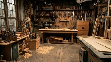 Poster - An inviting woodworking workshop with carpenter's tools and woodworking projects, Woodworking tools arranged amidst sawdust-covered workbenches and finished wood products, Artisanal woodworking style