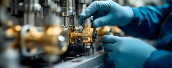 Poster - A technician adjusts a brass valve in an industrial setting, emphasizing precision and maintenance.