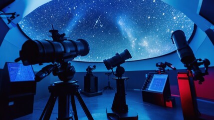Poster - An organized astronomy observatory with telescopes and star charts, Observatory equipment set up for celestial observation, Natural photo of