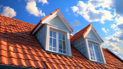 Rooftop view showcasing gabled windows and terracotta tiles under a blue sky.