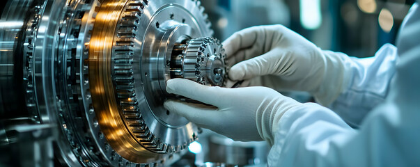 Poster - A technician assembles machinery components in a precision engineering environment.