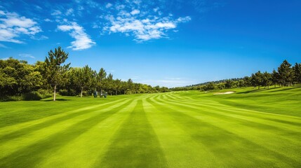Poster - An organized golf course with well-maintained fairways and golfing equipment, Golfing essentials and scenic golf holes set up for leisurely play, Natural photo of