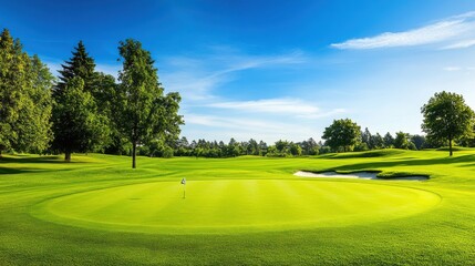 Poster - An organized golf course with well-maintained fairways and golfing equipment, Golfing essentials and scenic golf holes set up for leisurely play, Natural photo of