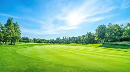 Poster - An organized golf course with well-maintained fairways and golfing equipment, Golfing essentials and scenic golf holes set up for leisurely play, Natural photo of