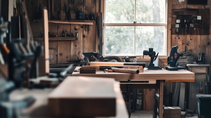 Poster - An organized home woodworking studio with power tools and lumber, Workbench, saws