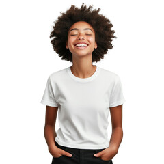 Mockup of a happy African American teenage girl in a white blank t-shirt, hands in pockets, smiling with eyes closed, isolated on a transparent background.