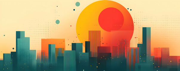 Poster - Abstract city skyline with vibrant sunset and geometric shapes.