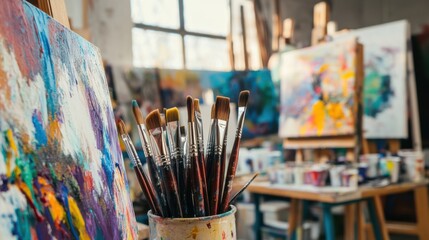 Poster - A bustling art studio with paintbrushes and canvases, Colorful artworks in progress, Contemporary studio style