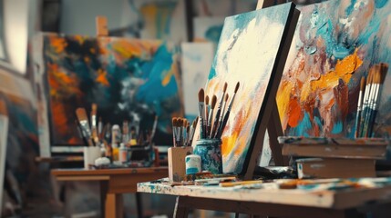Aufkleber - A bustling art studio with paintbrushes and canvases, Colorful artworks in progress, Contemporary studio style