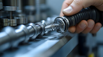 Poster - A hand assembling a mechanical component on a precision machine in an industrial setting.