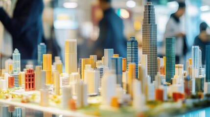 Poster - A bustling cityscape with architects designing skyscrapers using blocks, Blocks arranged for urban planning simulations, Urban development style