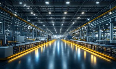 Poster - A spacious industrial factory interior with machinery and bright lighting.