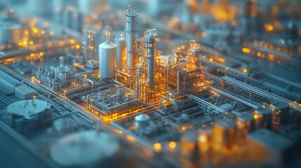 Poster - A detailed view of an industrial facility with glowing lights and complex structures.