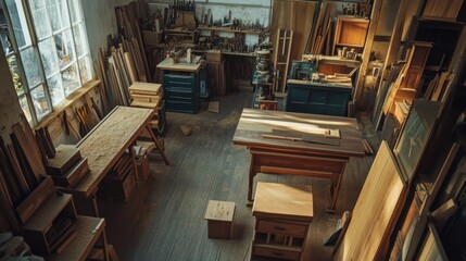 Poster - A bustling woodworking studio with finely crafted furniture pieces, Sawdust-filled workshop with hand tools and woodworking machinery, Rustic craftsmanship style