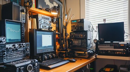 Poster - A carefully arranged amateur radio and communication station, Radios and antennas set for hobbyist broadcasts, Radio enthusiast style