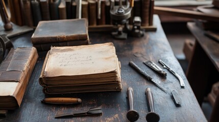 Poster - A carefully arranged bookbinding and restoration workshop, Tools and old books prepared for preservation and restoration, Bibliophile craftsmanship style