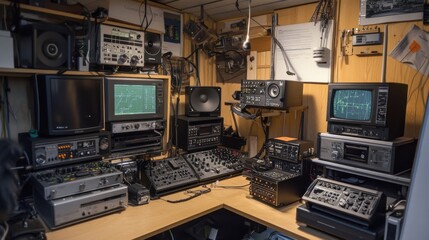 Poster - A carefully arranged amateur radio and communication station, Radios and antennas set for hobbyist broadcasts, Radio enthusiast style
