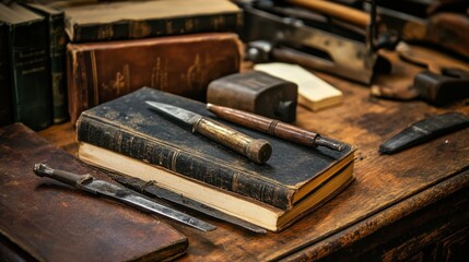 Poster - A carefully arranged bookbinding and restoration workshop, Tools and old books prepared for preservation and restoration, Bibliophile craftsmanship style