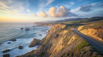 Sticker - Scenic Coastal Road at Sunset with Dramatic Clouds