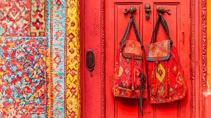 Two colorful handmade bags hanging on a vibrant red door with traditional carpet.