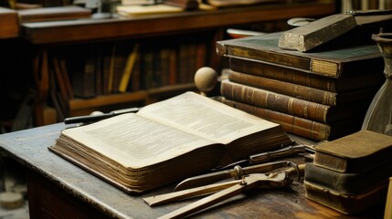 Poster - A carefully arranged bookbinding and restoration workshop, Tools and old books prepared for preservation and restoration, Bibliophile craftsmanship style