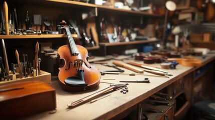 Aufkleber - A carefully arranged musical instrument repair workshop, Instruments and repair tools set for meticulous restoration, Instrument technician style