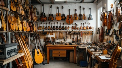 Aufkleber - A carefully arranged musical instrument repair workshop, Instruments and repair tools set for meticulous restoration, Instrument technician style