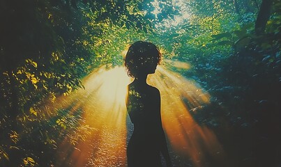 Wall Mural - a silhouette of a person in a forest with sunlight streaming through trees.