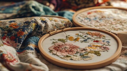Aufkleber - A carefully arranged sewing and embroidery atelier, Fabrics and embroidery hoops prepared for textile artistry, Needlecraft elegance style