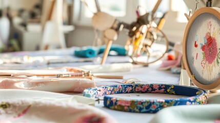 Aufkleber - A carefully arranged sewing and embroidery atelier, Fabrics and embroidery hoops prepared for textile artistry, Needlecraft elegance style