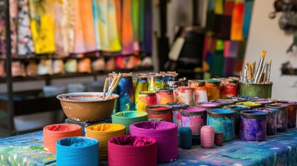 Poster - A carefully arranged textile dyeing and fabric design studio, Dye pots and textile samples in vibrant colors, Artistic textile design style