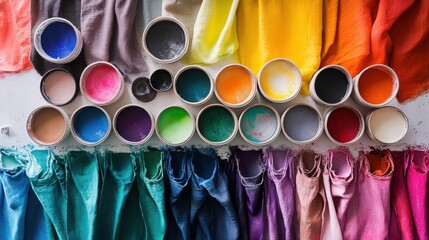 Poster - A carefully arranged textile dyeing and fabric design studio, Dye pots and textile samples in vibrant colors, Artistic textile design style
