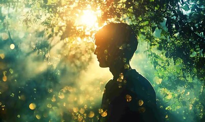Wall Mural - a silhouette of a person amidst a sunlit, misty forest.