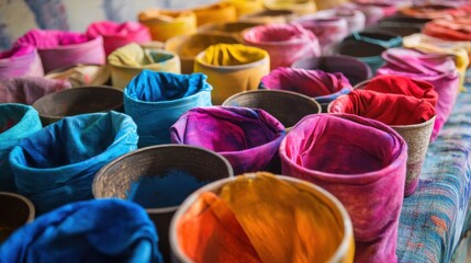 Poster - A carefully arranged textile dyeing and fabric design studio, Dye pots and textile samples in vibrant colors, Artistic textile design style