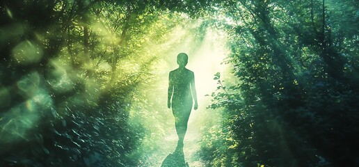 Wall Mural - a silhouette walks through a misty, sunlit forest, evoking tranquility and mystery.