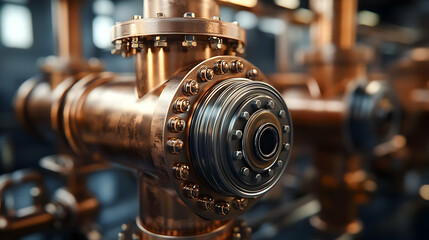 Poster - Close-up of a copper valve in an industrial setting, showcasing mechanical precision.