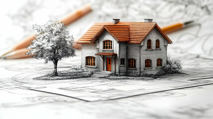 Poster - A detailed architectural illustration of a house with a tree on a sketch background.