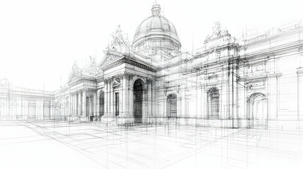Poster - A wireframe architectural rendering of a grand building with detailed elements.