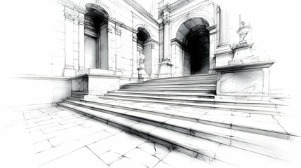 Poster - A sketch of grand architectural steps leading to an arched entrance, emphasizing depth and detail.