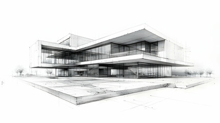 Poster - Architectural sketch of a modern building design emphasizing structure and aesthetics.
