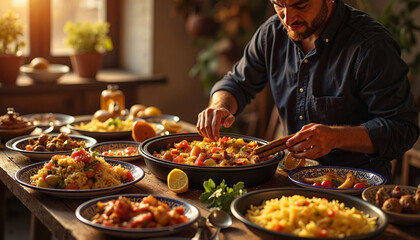 North African man eagerly serving couscous at sunset, culinary tradition