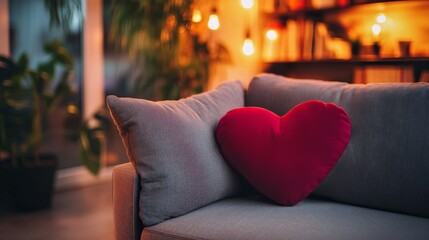 Wall Mural - Cozy living room with heart-shaped pillow on sofa in warm ambient lighting