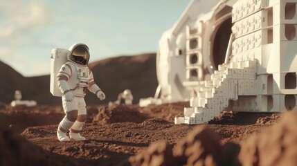 Aufkleber - A collaborative space exploration mission with astronauts constructing habitats on Mars using modular blocks, Blocks arranged for Martian habitat construction, Space colonization style